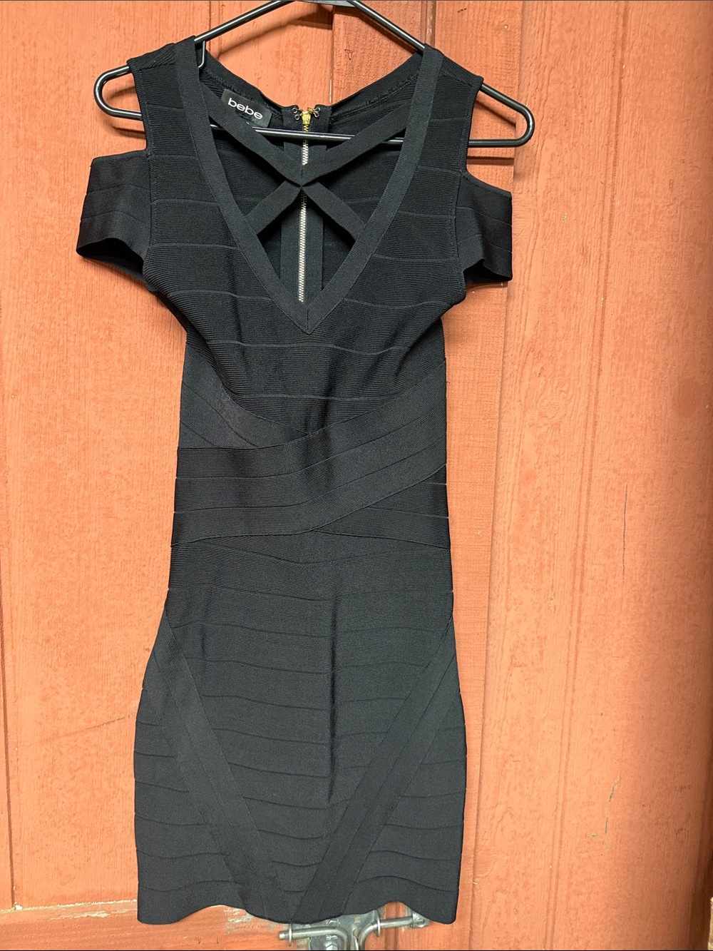 bebe Black Cold-Shoulder V-Neck Bandage Mini Dress with Crisscross Straps